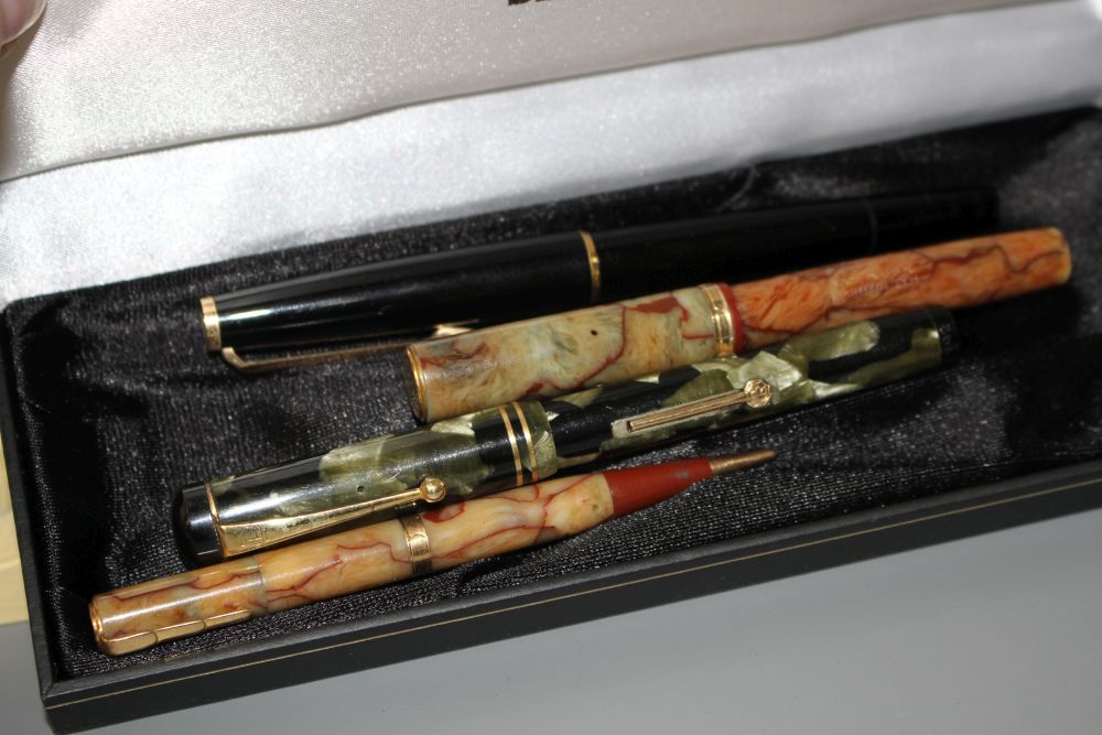 A group of fountain pens including a Pelikan Souveran, Mont Blanc, Onoto and a Watermans Ideal matching marbled fountain pen and propel